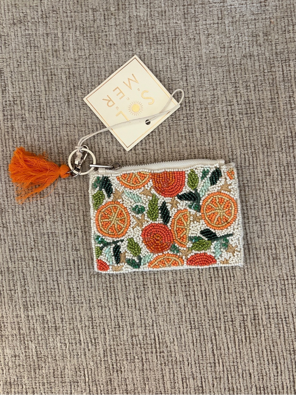 Beaded Citrus Zipper Pouch with Orange Tassel